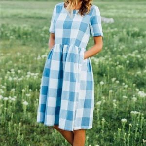 CLAD & CLOTH Blue & White Picnic Plaid Buffalo Plaid Modest Cotton Midi Dress